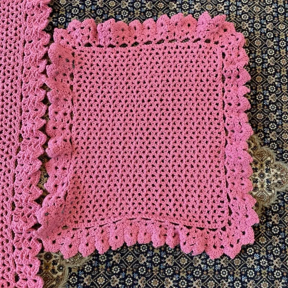 Handmade Crochet Baby Blanket Pink & White 35” X 33” & Shoulder Crochet Burp Pad